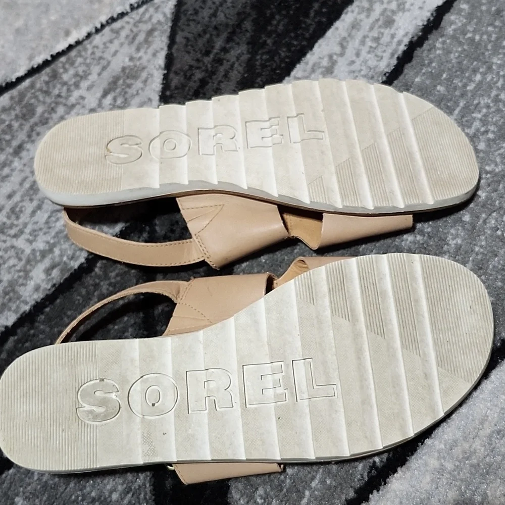 SOREL ELLA II BEIGE SEA SALT LEATHER  SLINGBACK FLAT SANDALS SIZE US 9